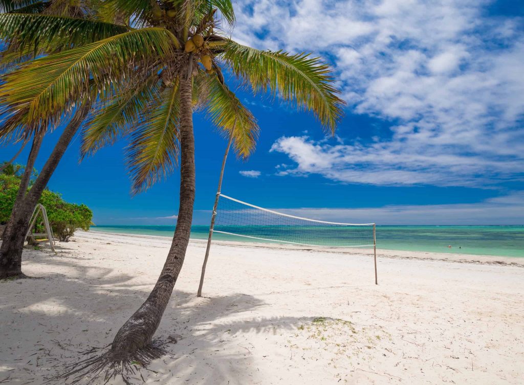 Amazing nature landscape. Tropical blue sea in island Zanzibar Tanzania. Luxury holiday resort. Beautiful travel vacation. Palms in beach paradise. Great panorama view. Inspiring summer.